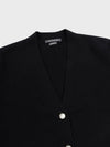 womens long black cashmere cardigan with pearl buttons neck detail on grey background