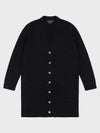 womens long black cashmere cardigan with pearl buttons and pockets on a grey background