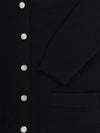 womens long black cashmere cardigan with pearl buttons and pockets detail