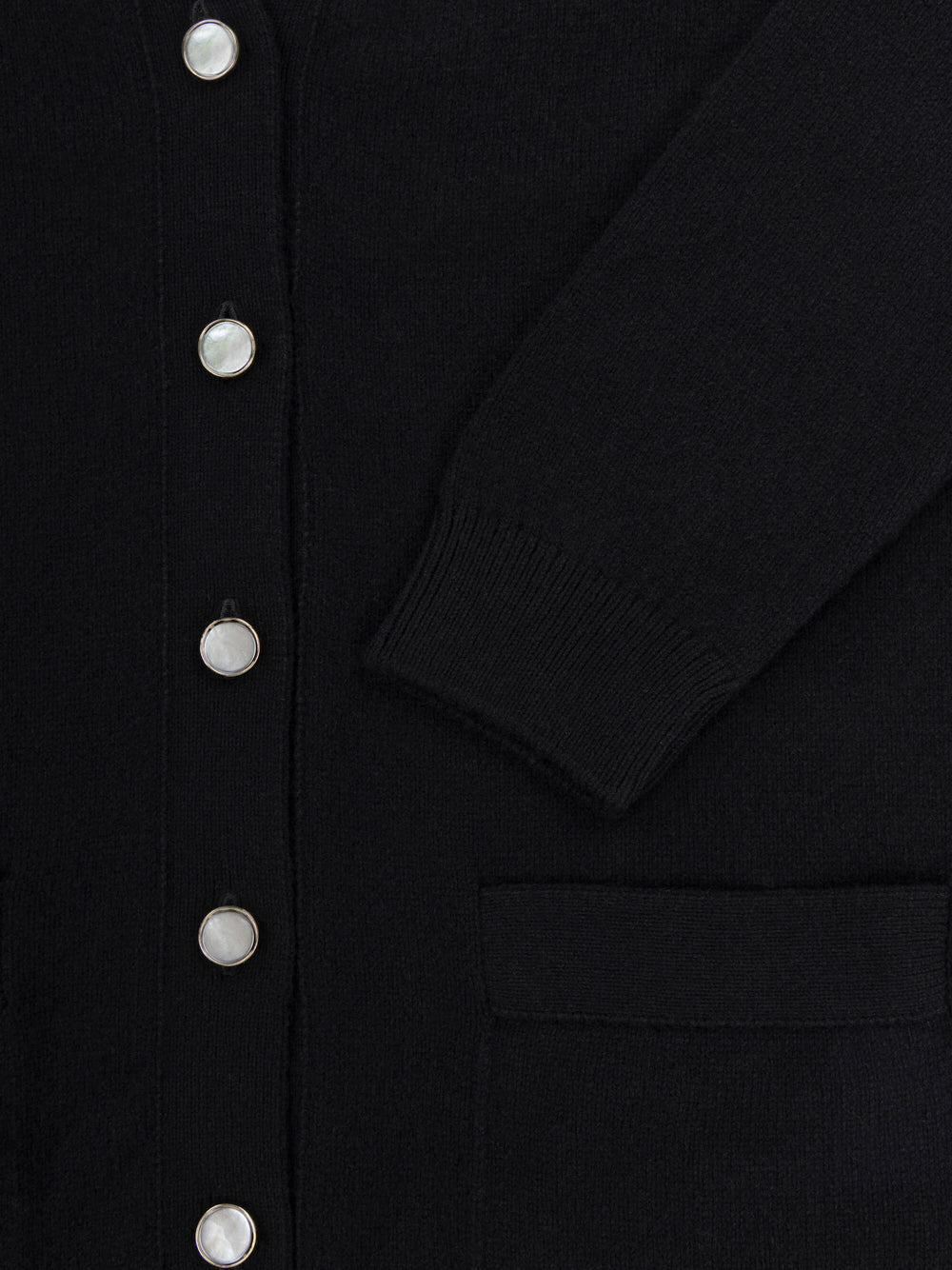 womens long black cashmere cardigan with pearl buttons and pockets detail
