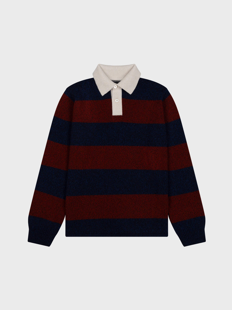 red and navy striped cashmere rugby shirt with contrasting white buttoned collar on a grey background