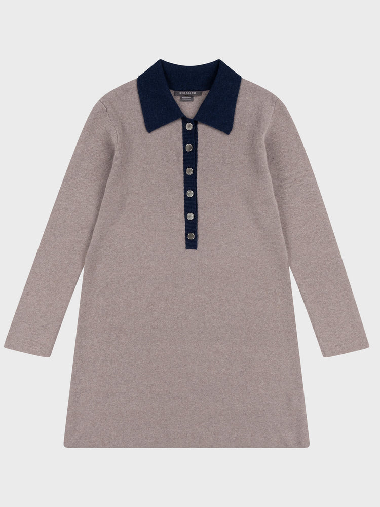 grey longsleeve polo shirt dress with contrast navy collar and pearl buttons on a grey background