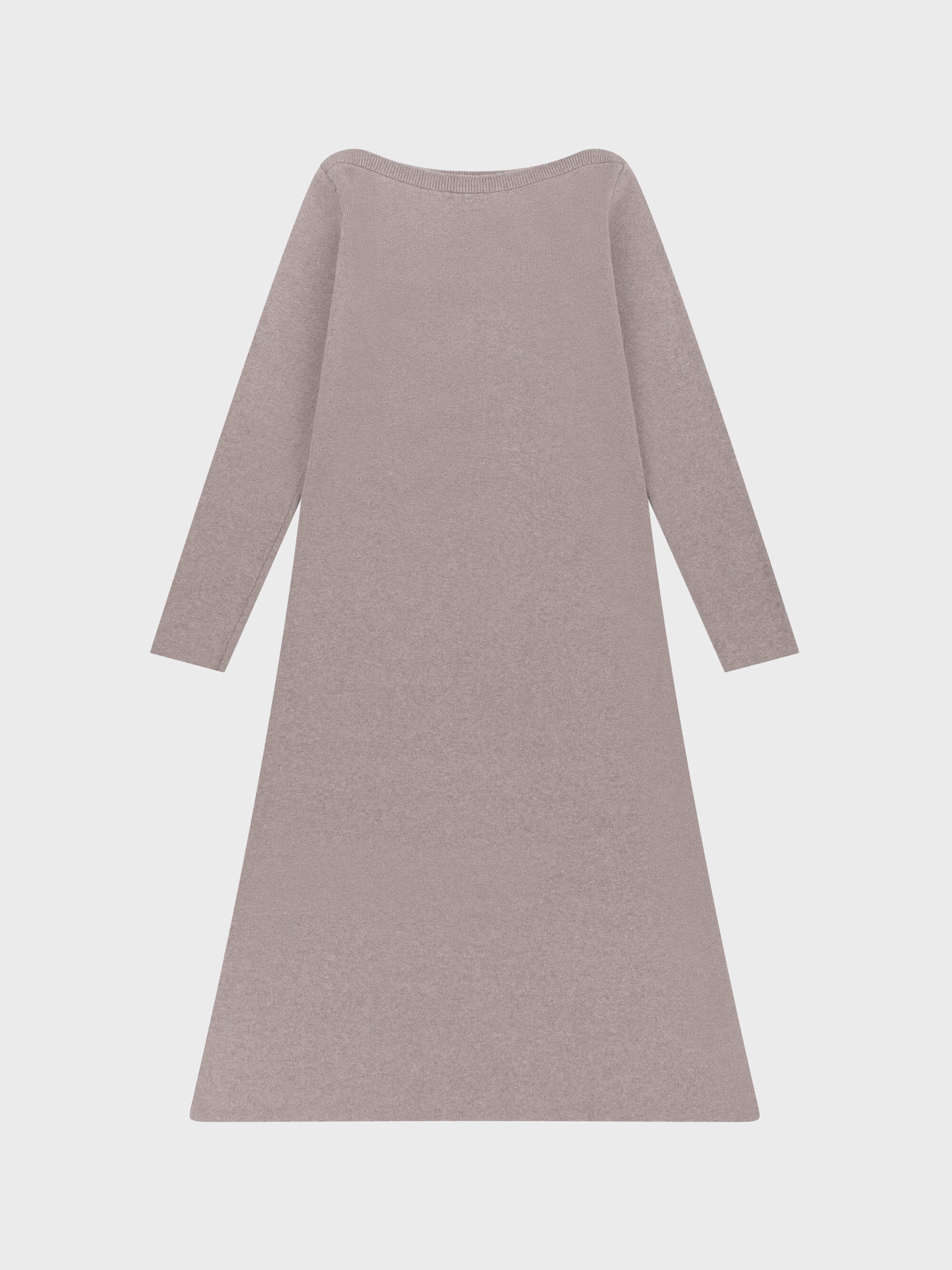 grey cashmere longsleeve dress with boat neck on a grey background
