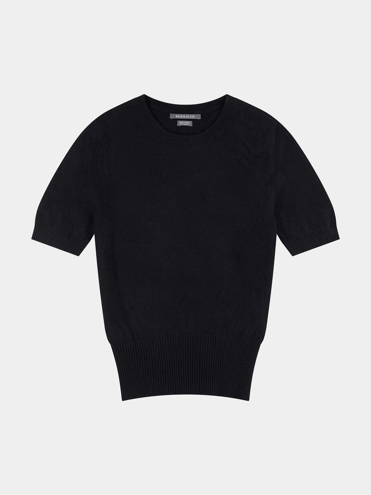 Black short-sleeve cashmere t-shirt on a light gray background