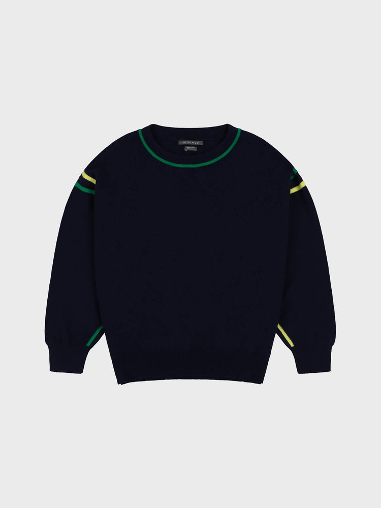 Black sweater with green and yellow accents on a light gray background