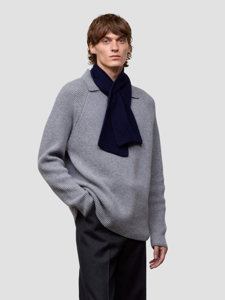 Person wearing a gray sweater with a navy scarf on a light gray background