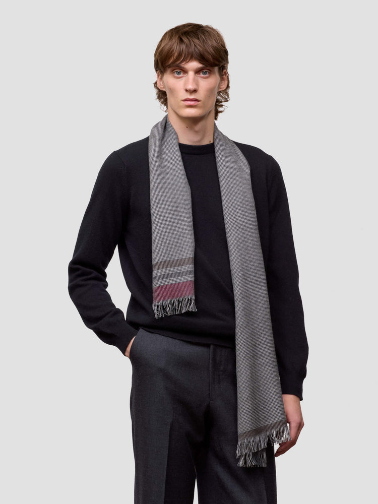 Man wearing a black sweater and gray striped scarf on a light gray background