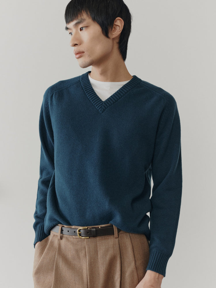 Mens Architect Dark Petrol Cashmere V-Neck Sweater - Begg x Co