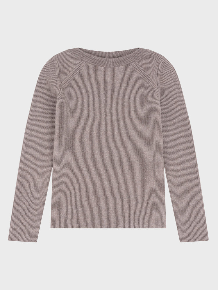 boat neck grey cashmere ribbed sweater on a grey background