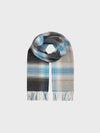 Plaid scarf with blue, gray, and white pattern on a light gray background