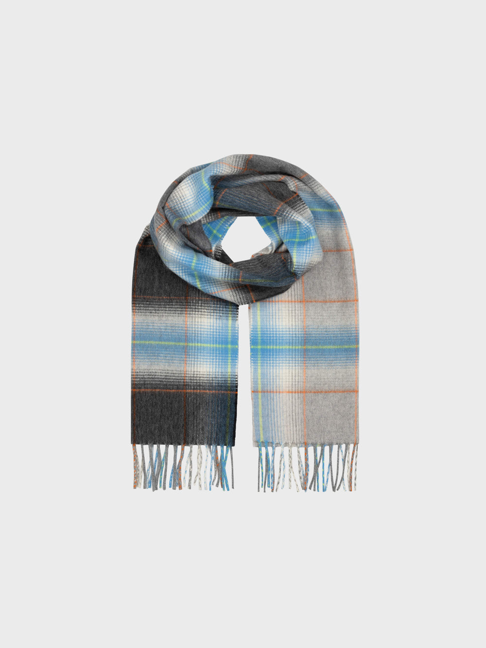 Plaid scarf with blue, gray, and white pattern on a light gray background