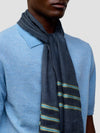 man wearing a light blue cashmere poloshirt and navy scarf with green stripes on a grey background