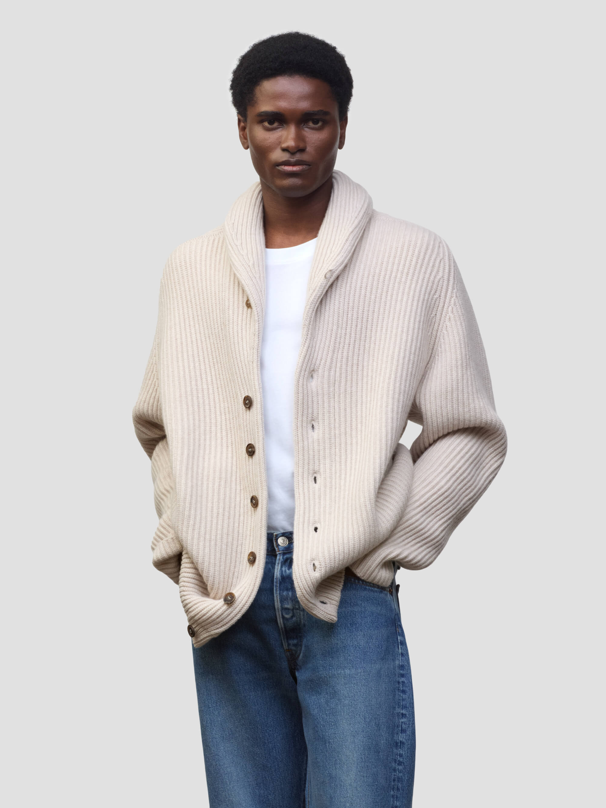 Mens Luxury Cashmere Yacht Cardigan Oat | Begg x Co