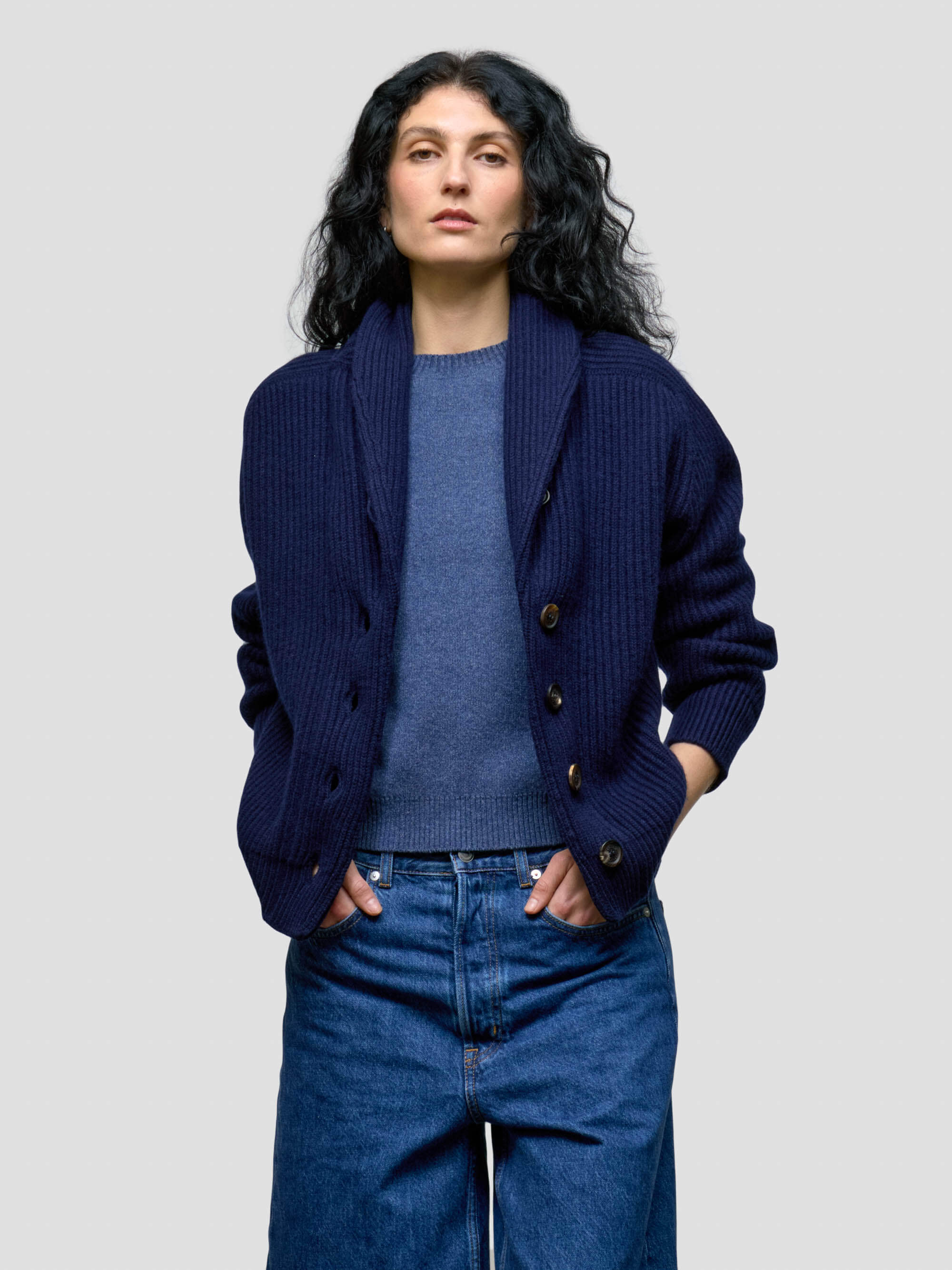 Womens Mini Yacht Navy Blue Cashmere Cardigan - Begg x Co