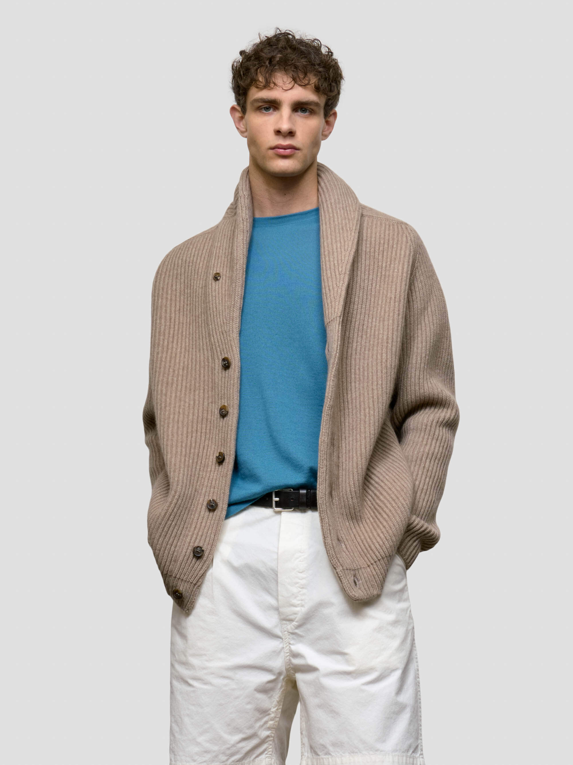 Mens Luxury Knitted Brown Undyed Shawl Collar Cardigan | Begg x Co