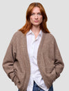 Woman wearing a brown cashmere cardigan over a white shirt and blue jeans on a light gray background