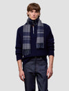 Man wearing a dark blue cashmere sweater and plaid cashmere scarf against a light gray background