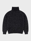 black chunky cashmere roll collar sweater with white speckles on a grey background