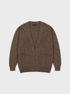 marl brown chunky cashmere cardigan with pockets on a grey background