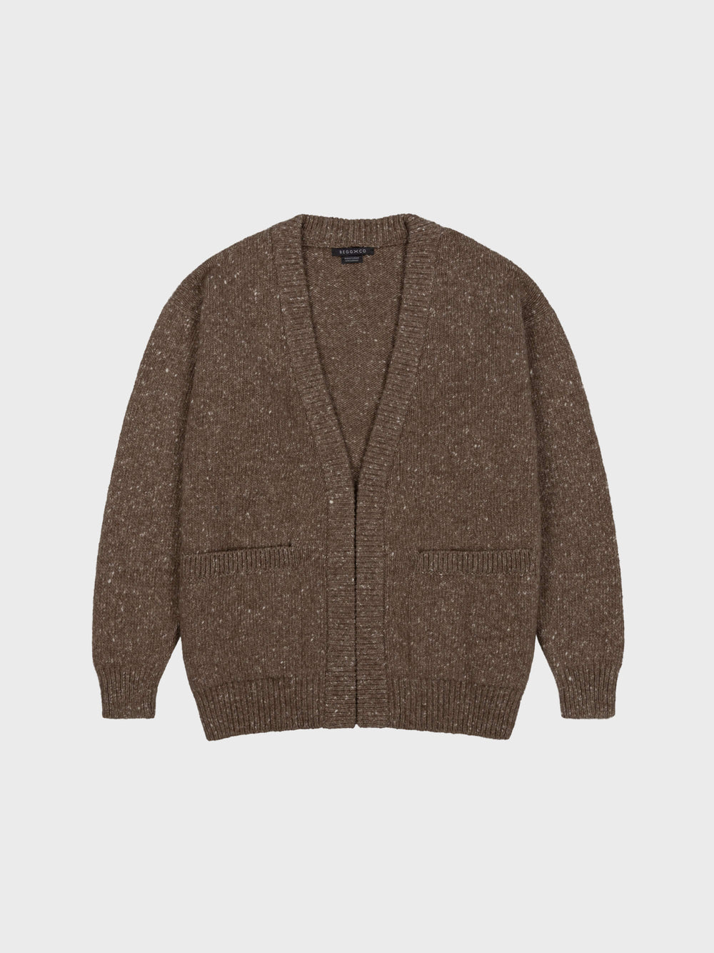 marl brown chunky cashmere cardigan with pockets on a grey background