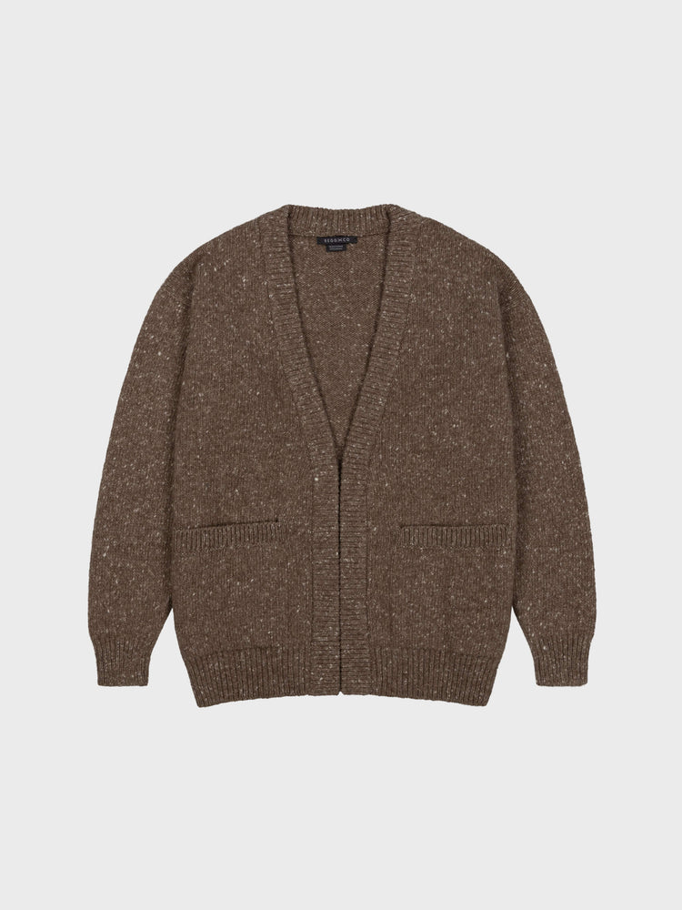 marl brown chunky cashmere cardigan with pockets on a grey background