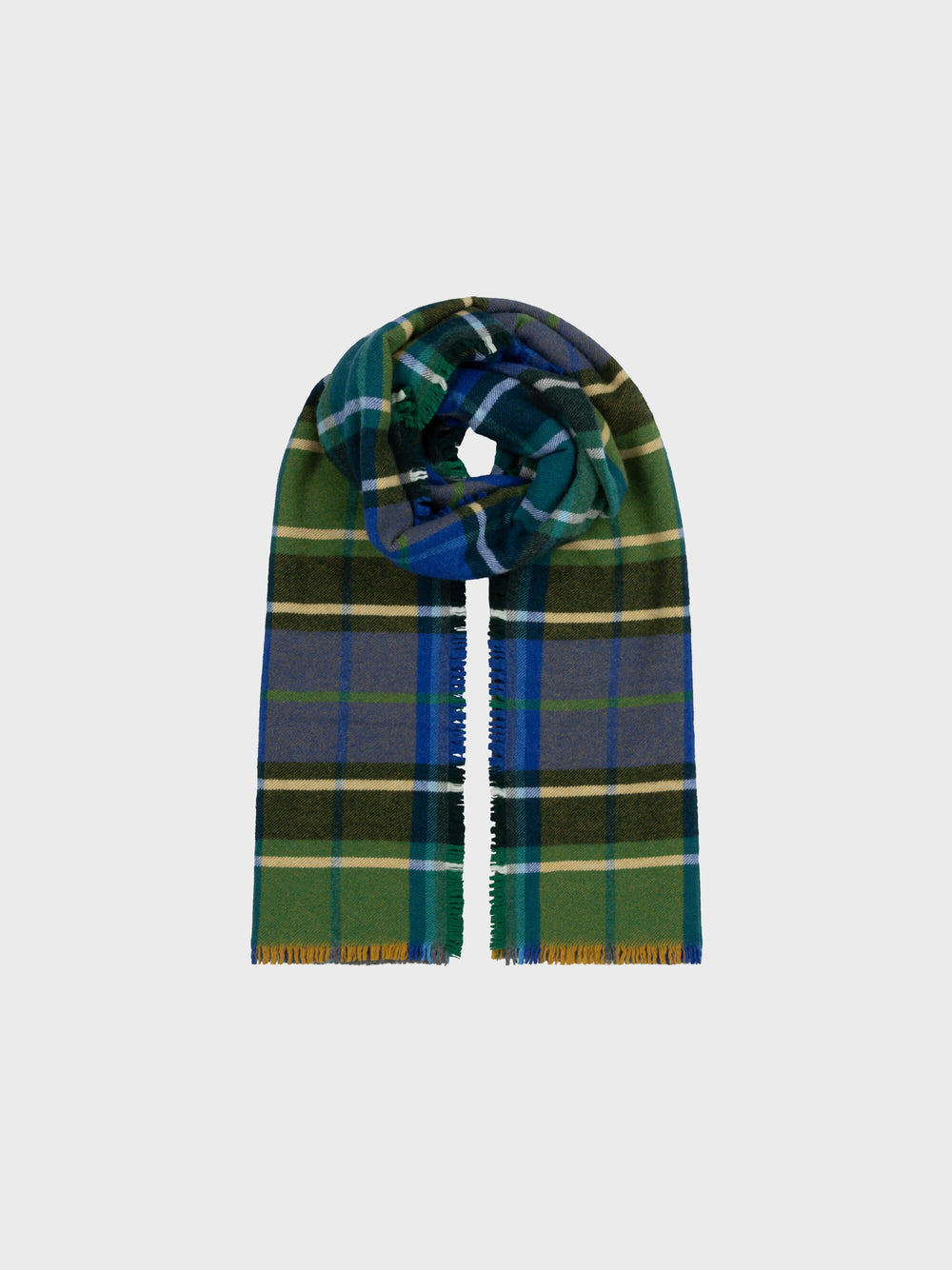 Plaid scarf in green, blue, and yellow on a white background