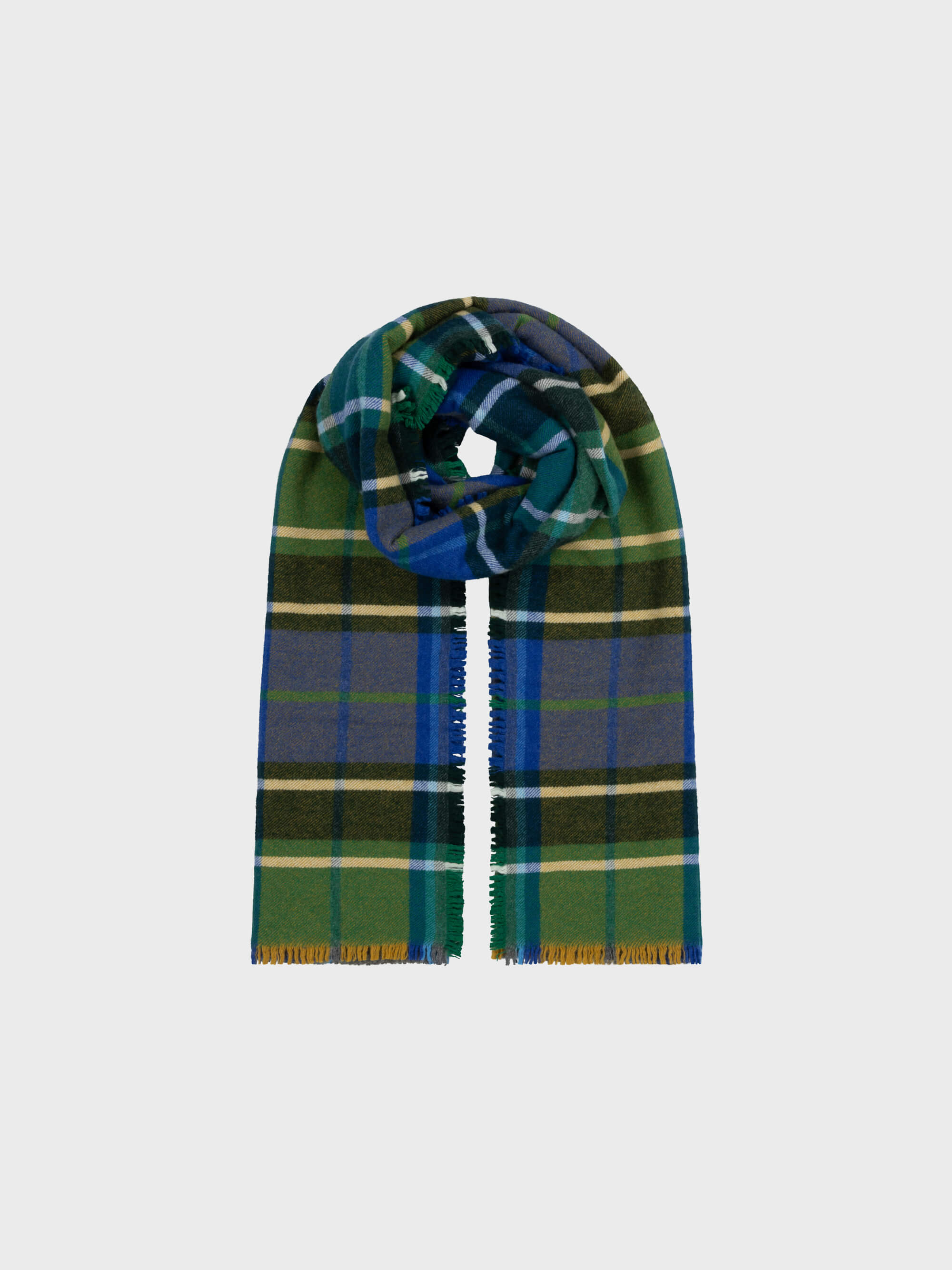 Plaid scarf in green, blue, and yellow on a white background