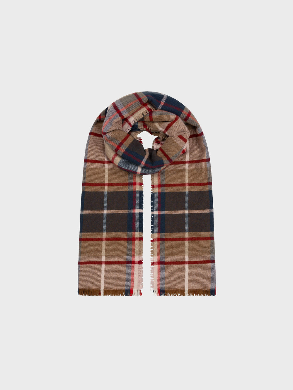 Plaid scarf with a star design on a light gray background