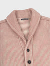 detail of neck and buttons on a pink ribbed shawl collar cardigan on a grey background