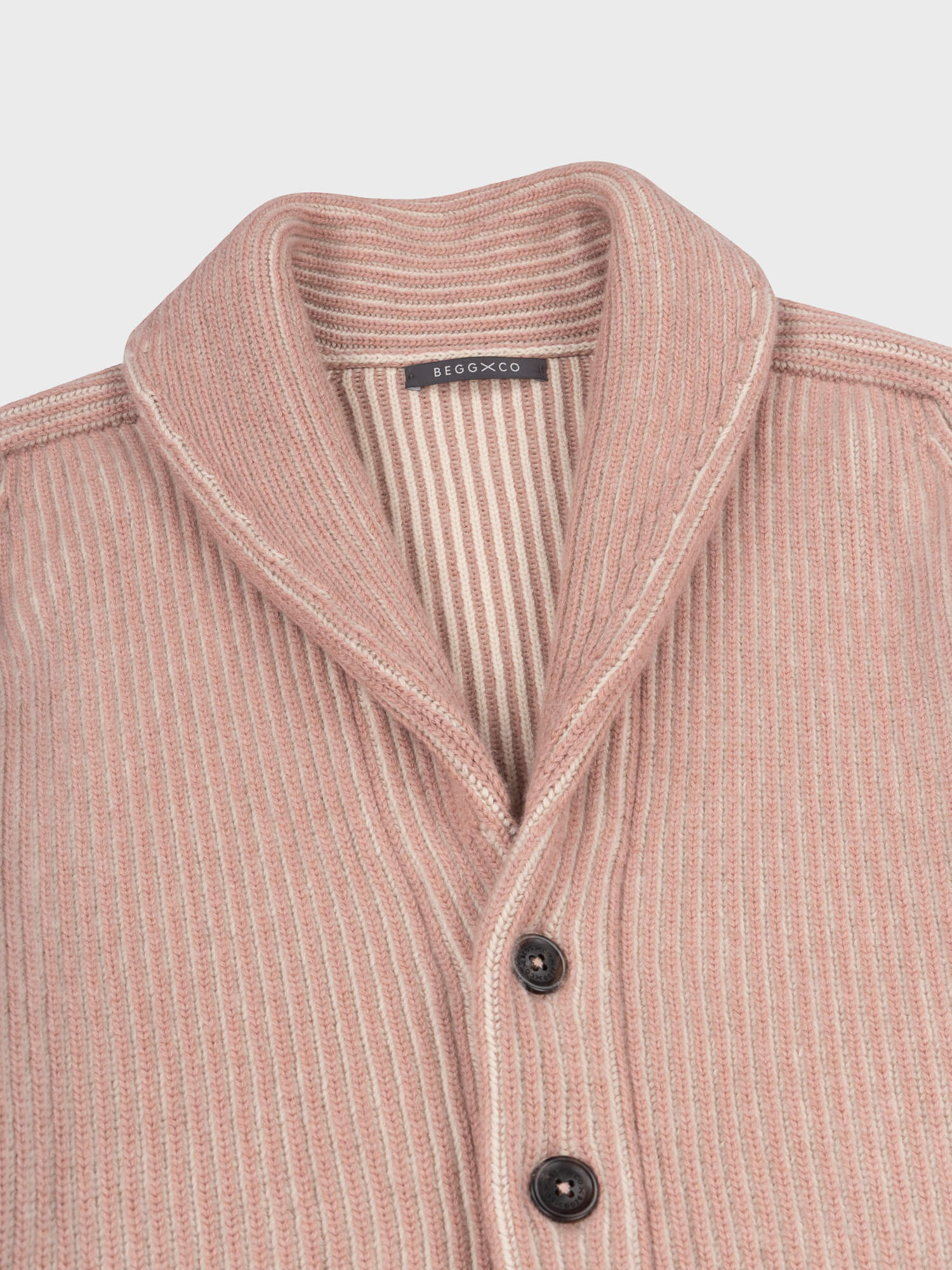 detail of neck and buttons on a pink ribbed shawl collar cardigan on a grey background