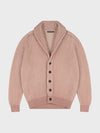 pink ribbed shawl collar cardigan on a grey background