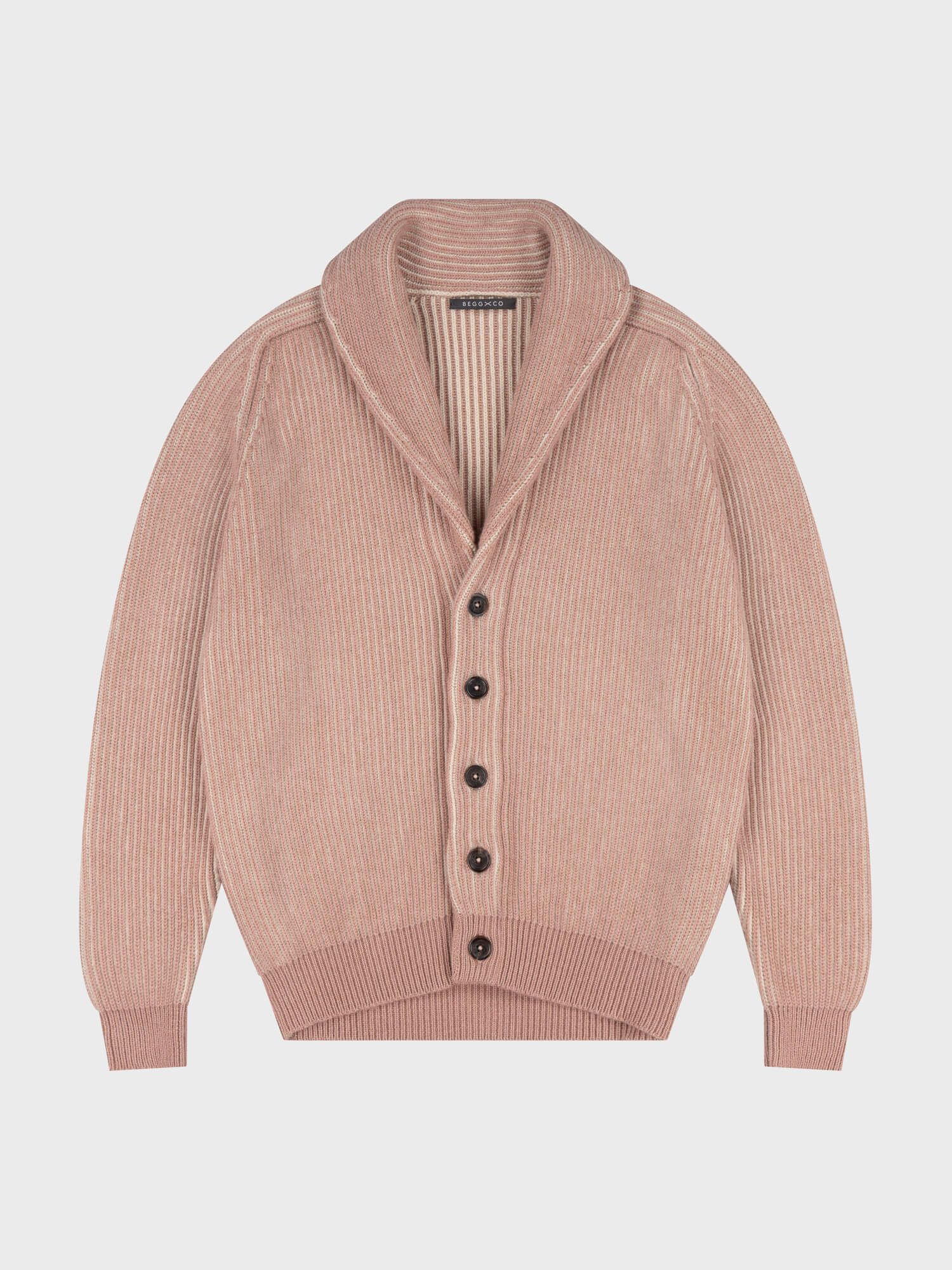 pink ribbed shawl collar cardigan on a grey background