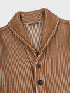 close up detail of a brown and beige ribbed shawl collar cardigan on a grey background