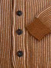 button and cuff detail of a brown and beige ribbed shawl collar cardigan