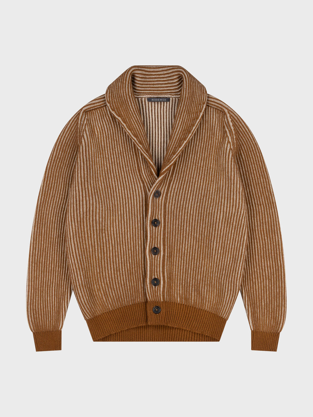 brown and beige ribbed shawl collar cardigan on a grey background