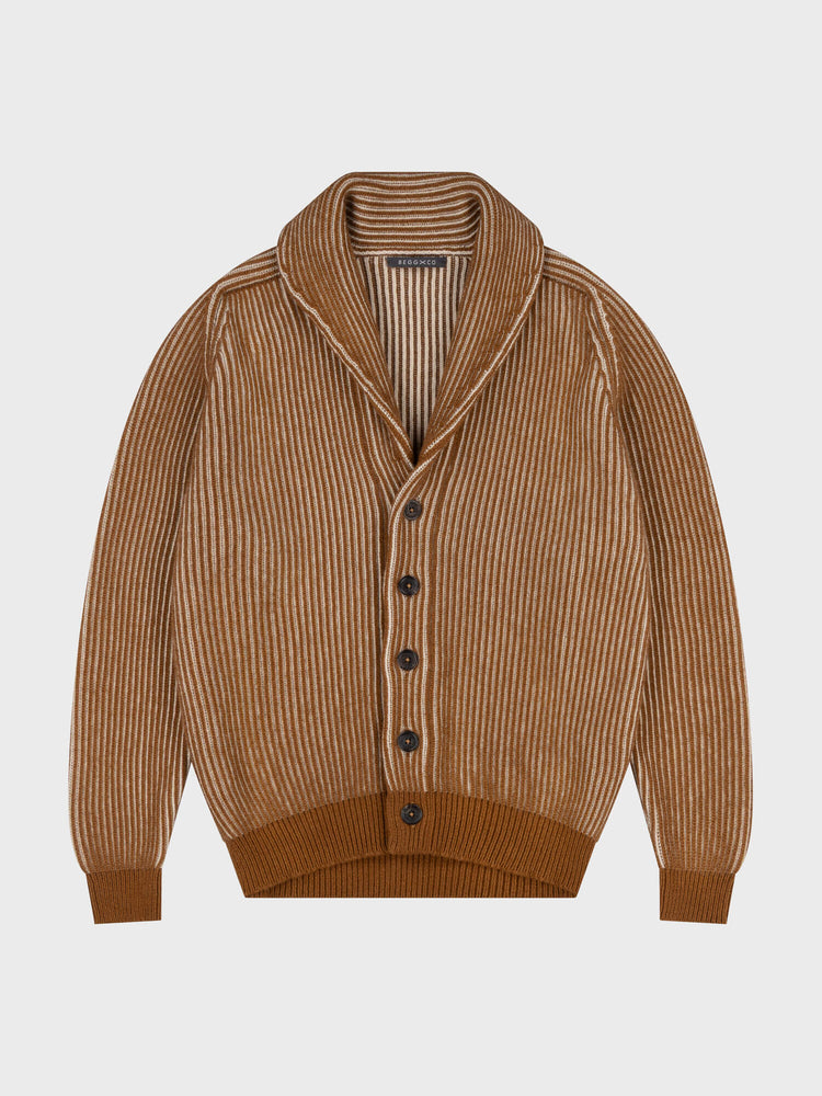brown and beige ribbed shawl collar cardigan on a grey background