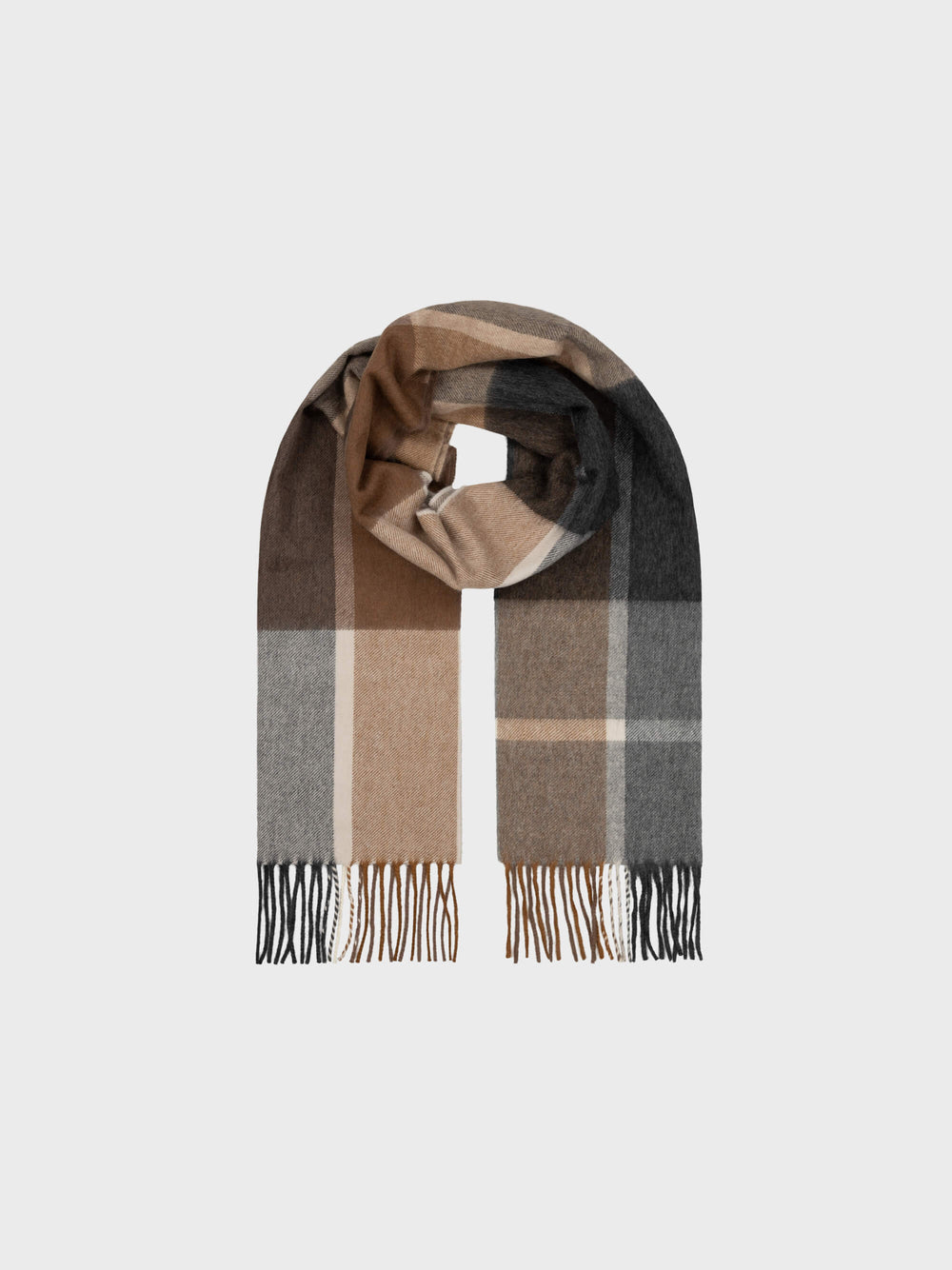 Plaid scarf with brown, gray, and beige colors on a light gray background