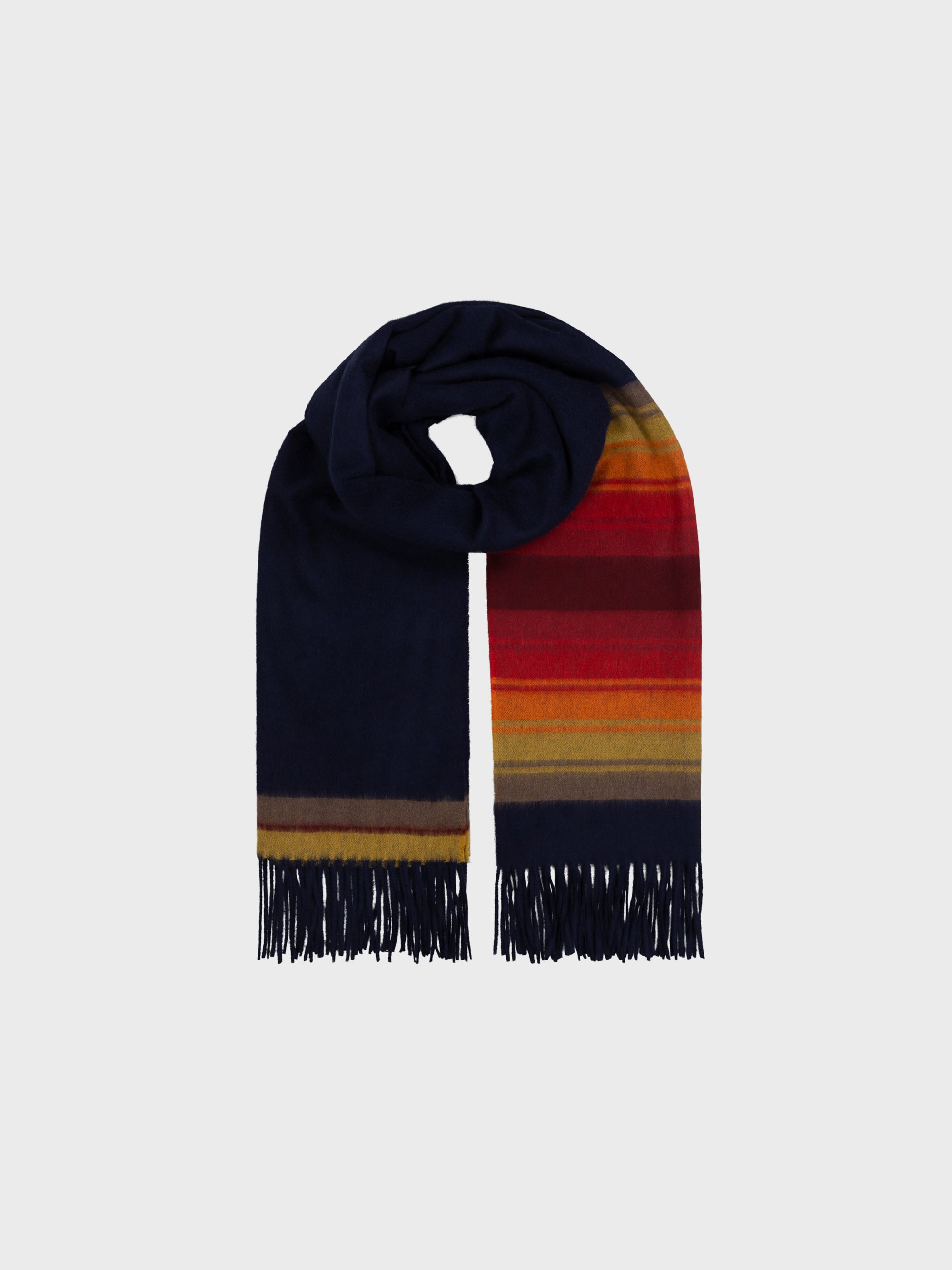 Navy scarf with colorful striped pattern on a white background