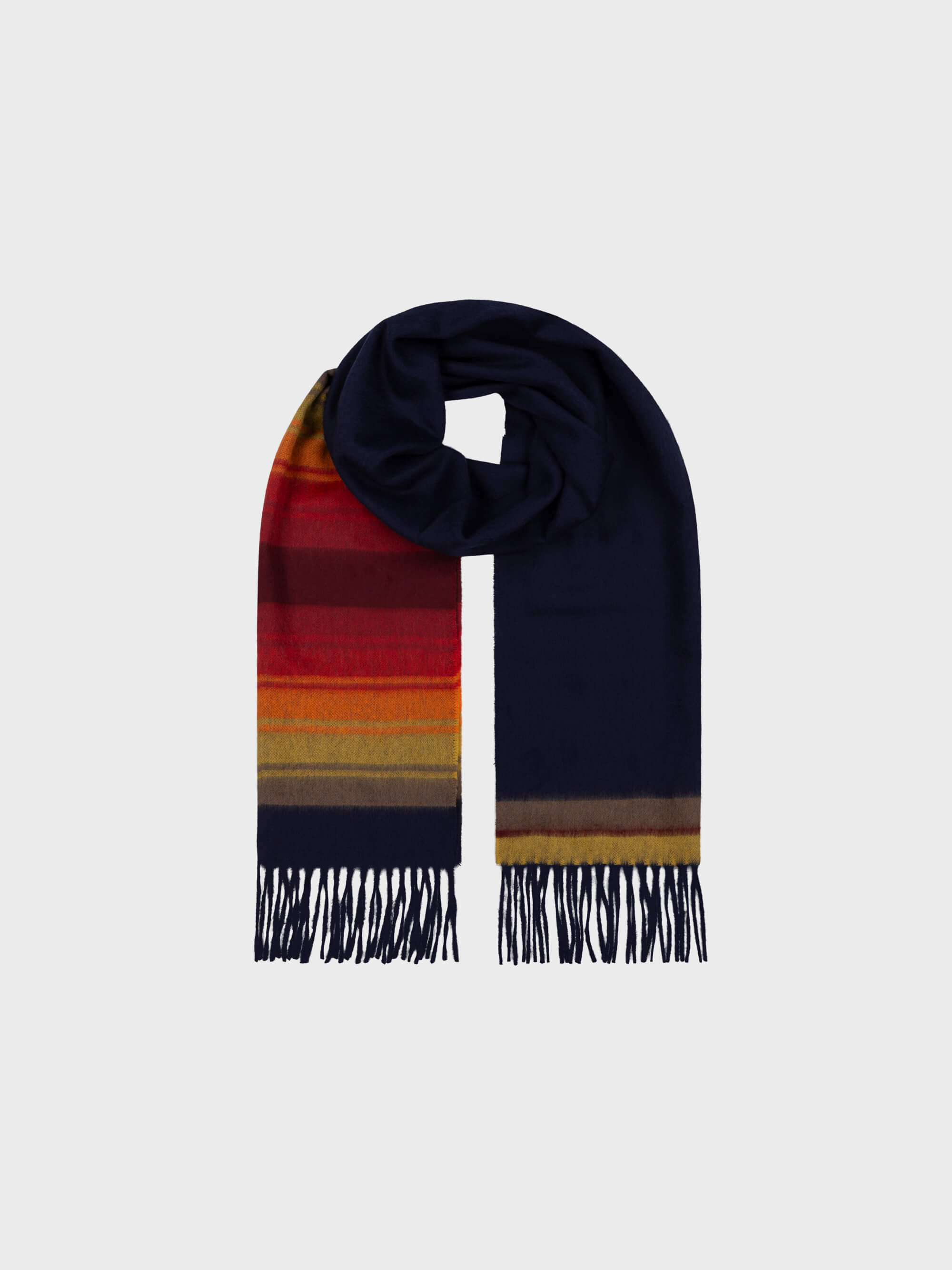 Navy scarf with multicolored striped pattern on a white background