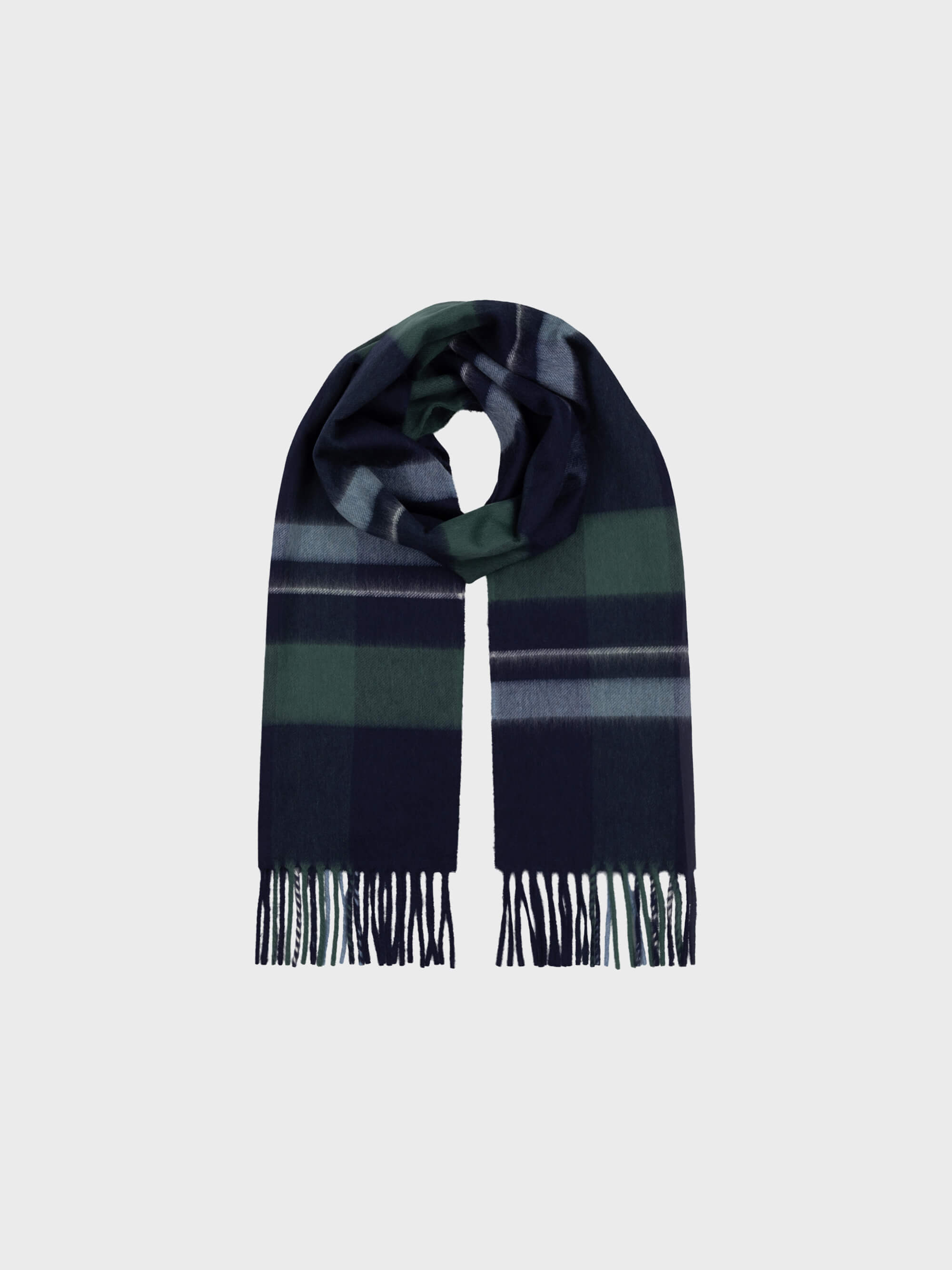 Plaid scarf with fringes on a light gray background