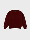 red cashmere v-neck sweater with cable knit detail down middle on grey background