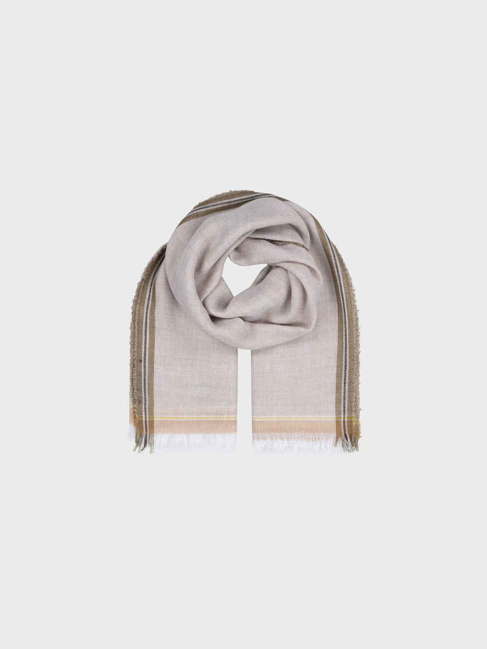 beige scarf with dark green edges on a grey background