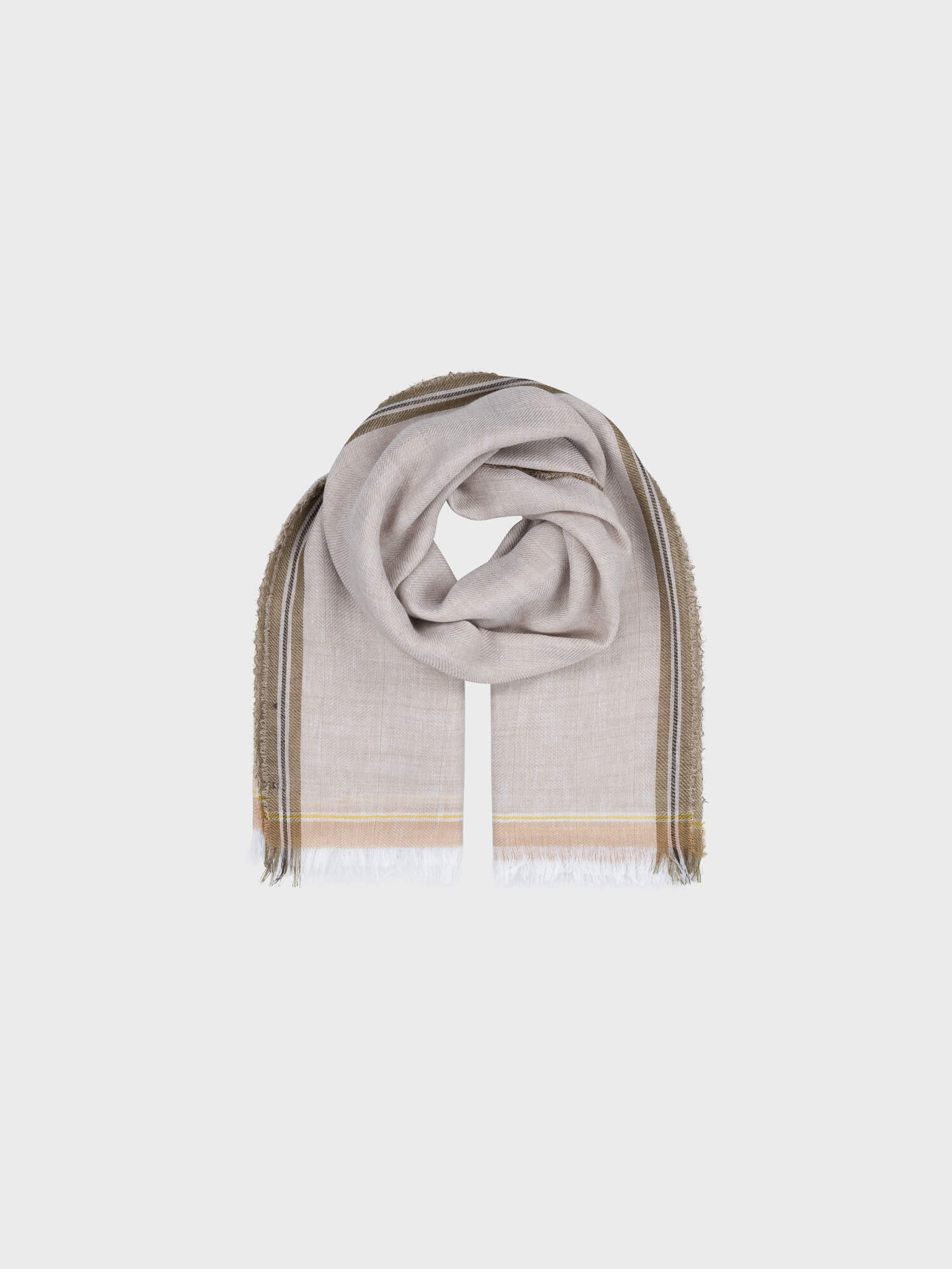 beige scarf with dark green edges on a grey background