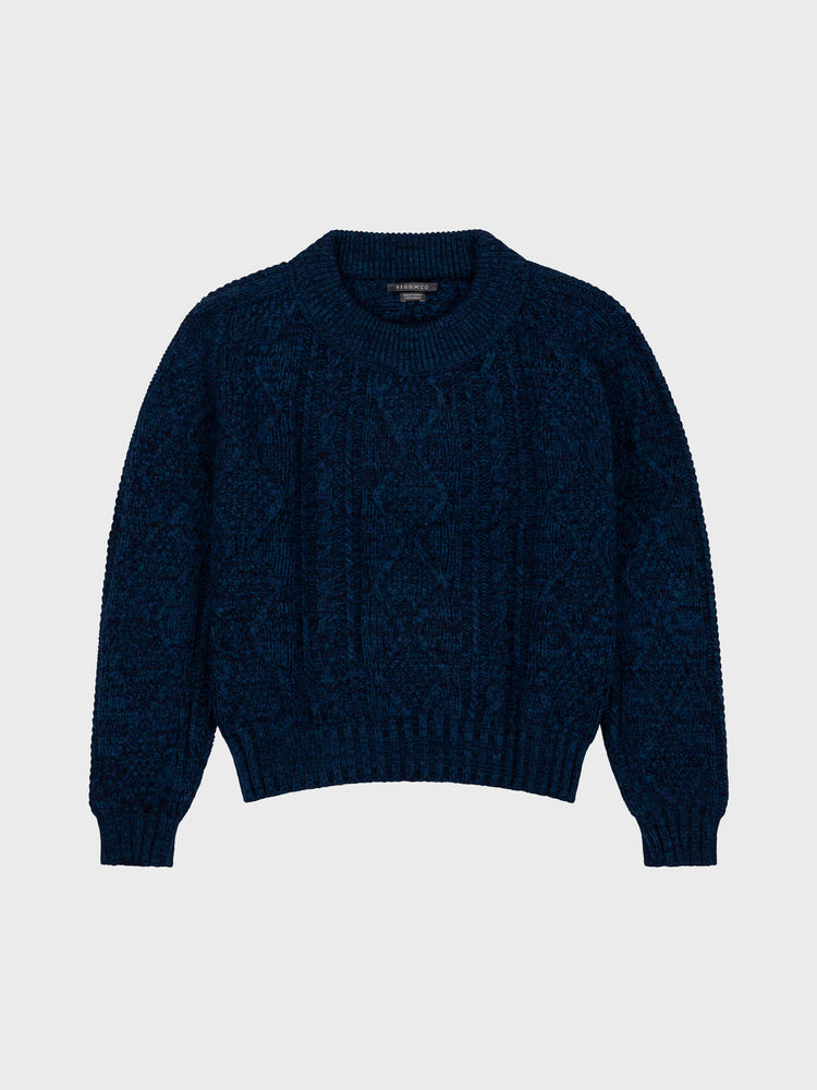 marl navy blue chunky cable knit cashmere sweater on a grey background