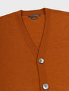 close up of a button up brown cashmere cardigan on a grey background