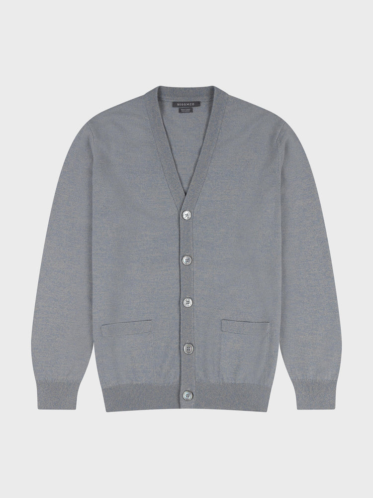 Gray cashmere cardigan with button details on a light gray background