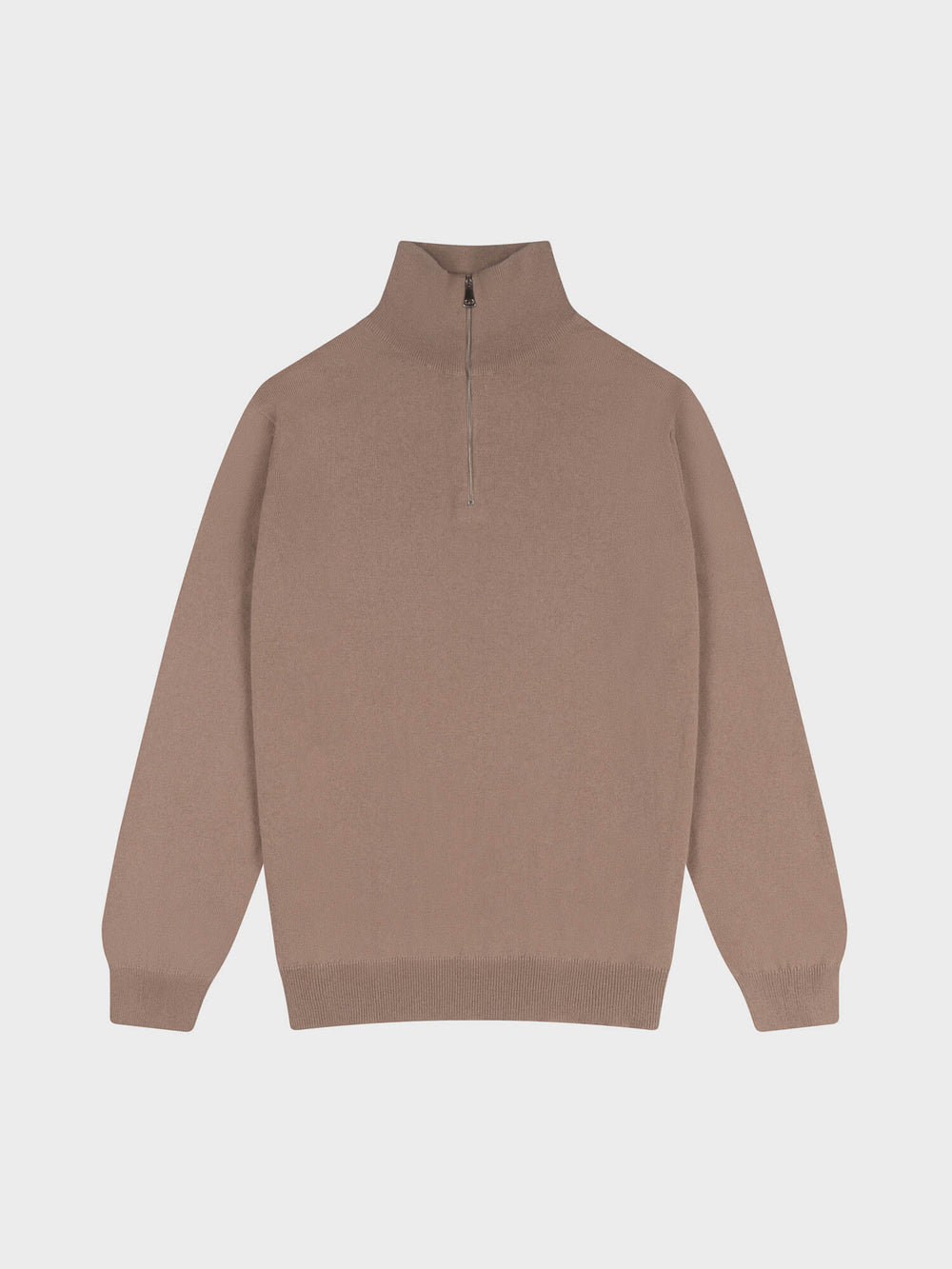 light brown cashmere zipped sweater on a grey background
