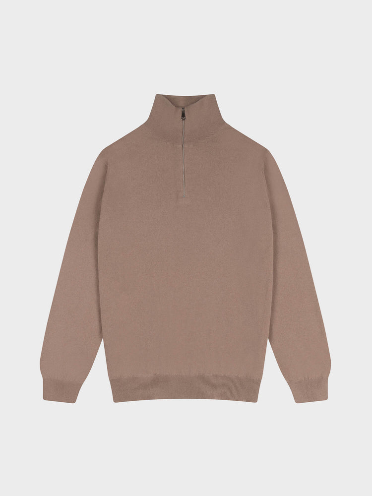 light brown cashmere zipped sweater on a grey background