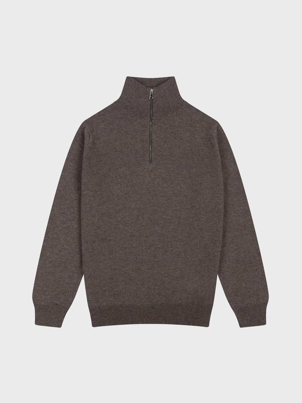 mens brown cashmere half zip sweater on a grey background