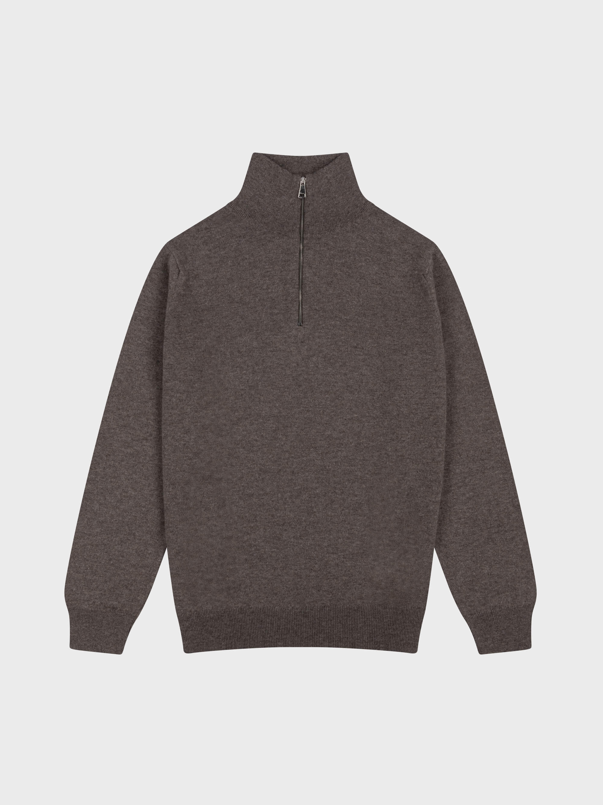 mens brown cashmere half zip sweater on a grey background